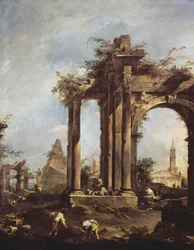 Capriccio met Romeinse ruïnes, een piramide en figuren